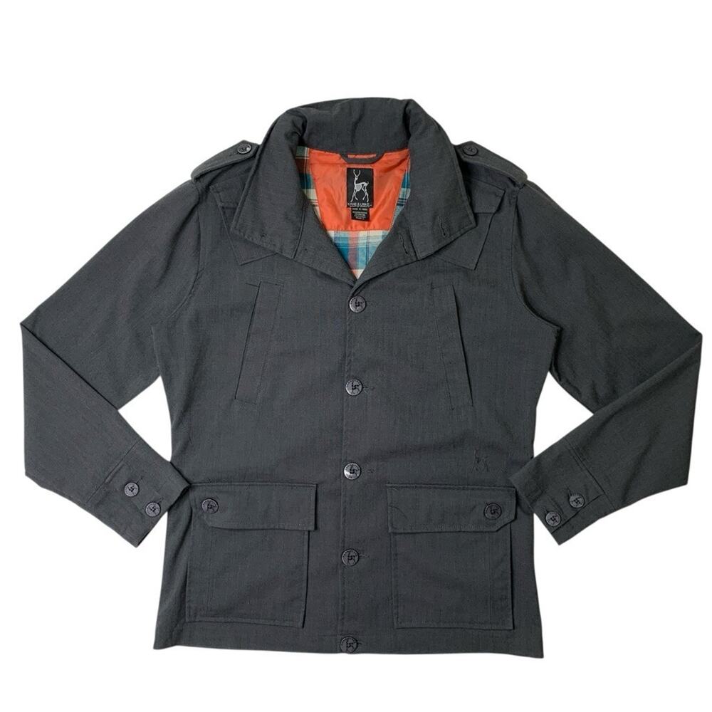 Kane & Unke Jacket Mens L Large Gray Utility Military Hidden Hood Epaulettes